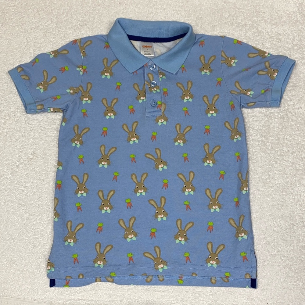 Gymboree light blue Blue Bunny carrot Easter short sleeve Polo Shirt size 7